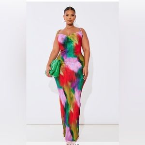 Plus Size Multi Printed Plisse Cowl Neck Maxi Dress